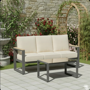English Elm 2-piece Outdoor Aluminum Patio Sofa Set with Tempered Glass Table and Cushioned Seating Beige+Black B082P455138