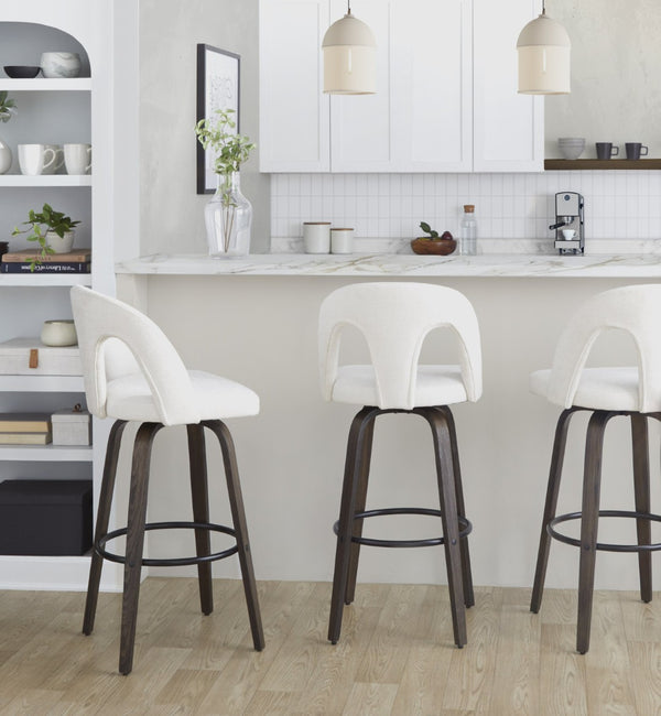 English Elm Fixed-height Swivel Barstools Walnut Bentwood Frame White Upholstered Seat Set of 2 B202S01875