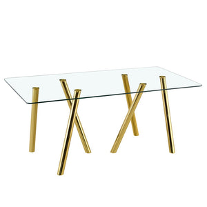 English Elm Tempered Glass Six Seat Dining Set Gold Metal Base Black Pu Leather Modern Glam W3875S00056