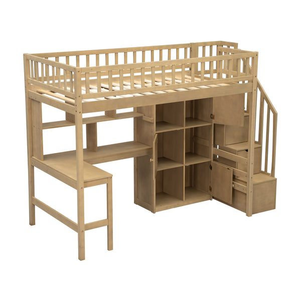 English Elm Wood Twin Loft Bed with Built-In L-Desk, LED Lighting, Staircase Storage, Shelves & Cabinets Walnut N7090000470D
