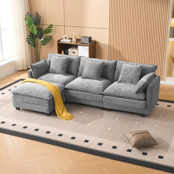 English Elm Beige Chenille Sectional Sofa with Modular Ottoman for Living Room or Studio Gray W2603S00008