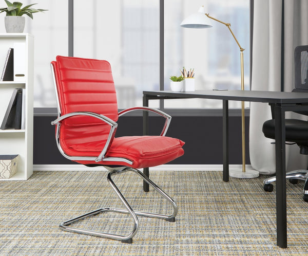 OSP Home Furnishings Guest Faux Leather Office Chair with Chrome Sled Base and Ergonomic Lumbar Support Red SPX23595C-U9