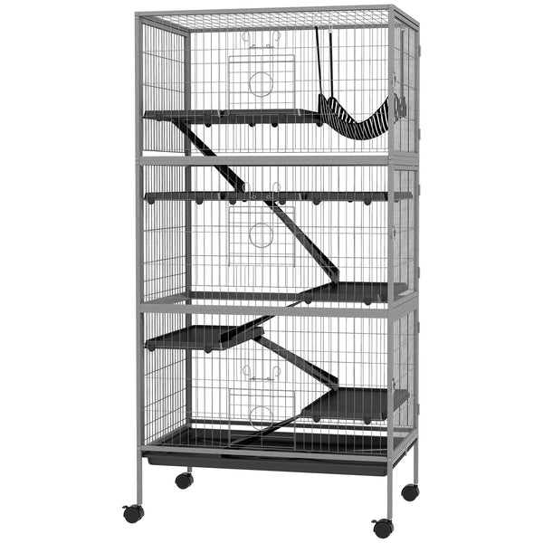 English Elm PawHut 63" 6-Tier Small Animal Habitat with Hammock, Heavy-Duty Steel Cage, Wheels & Removable Tray Gray W2225P217534