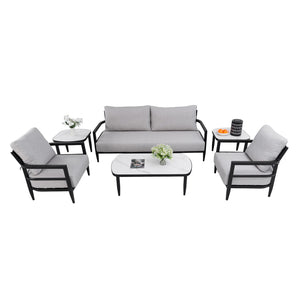 English Elm 6pc Outdoor Conversation Set Aluminum Frame Sintered Stone Tables Sunbrella Cushions W1886S00043