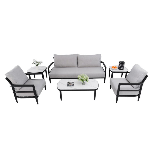 English Elm 6pc Outdoor Conversation Set Aluminum Frame Sintered Stone Tables Sunbrella Cushions W1886S00043