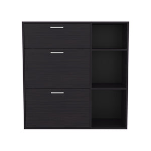 English Elm Showie 3-Door Shoe Rack in Walnut Finish with Adjustable Shelves, Drawer & Side Storage for Entryway B200P363786