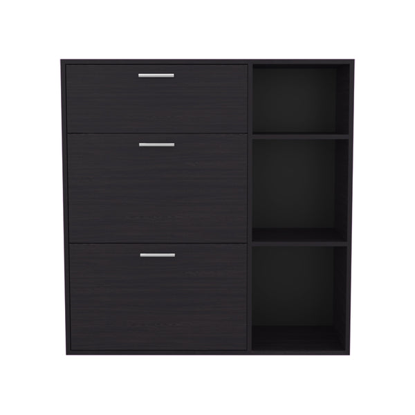 English Elm Showie 3-Door Shoe Rack in Walnut Finish with Adjustable Shelves, Drawer & Side Storage for Entryway B200P363786