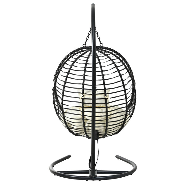 English Elm U_style Wicker Hanging Egg Chair with Stand Hdpe Cocoon Swing for Balcony Garden Black+Beige N711P389503A