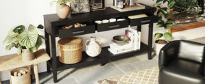 English Elm U_style Farmhouse Console Table with Three Drawers Open Shelf Entryway Organizer Black N711P410445B