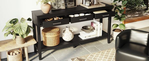 English Elm U_style Farmhouse Console Table with Three Drawers Open Shelf Entryway Organizer Black N711P410445B
