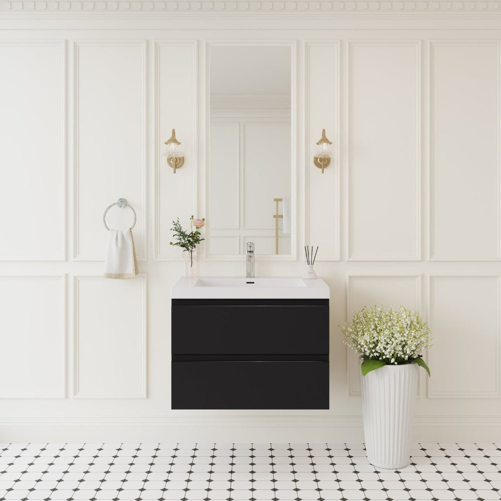 English Elm 30'' Wall Mounted Bathroom Vanity Smoked Walnut Fluted Cabinet Matte Black Basin Black W1920P385476