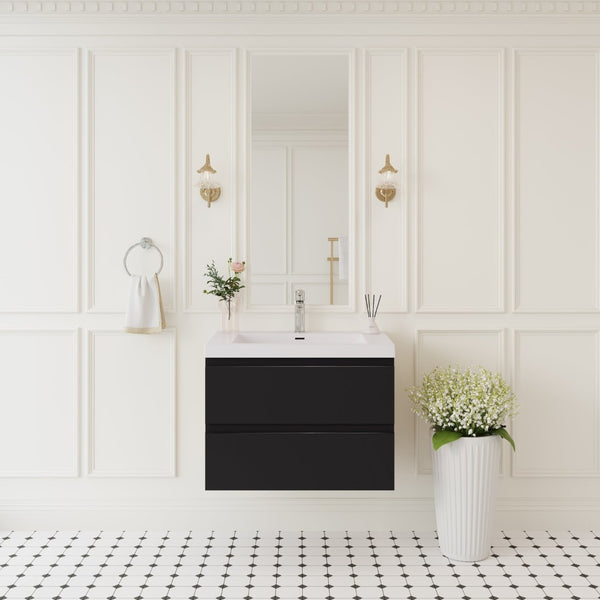 English Elm 30'' Wall Mounted Bathroom Vanity Smoked Walnut Fluted Cabinet Matte Black Basin Black W1920P385476