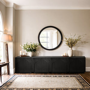 Meridian Furniture Navona Art Deco Oak Veneer Modular Buffet with Curved Doors for Dining Room Storage Black 126 inches 77001Black-T-4PC