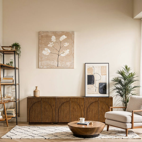 Meridian Furniture Navona Art Deco Oak Veneer Modular Buffet with Curved Doors for Dining Room Storage Brown 94.5 inches 77001Brown-T-3PC