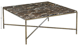 Meridian Furniture Valen Square Marble Top Coffee Table with Hand-forged Iron X-frame Base for Living Room Brown 77002Brown-CT