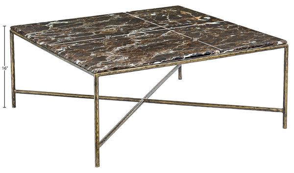 Meridian Furniture Valen Square Marble Top Coffee Table with Hand-forged Iron X-frame Base for Living Room Brown 77002Brown-CT