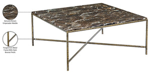Meridian Furniture Valen Square Marble Top Coffee Table with Hand-forged Iron X-frame Base for Living Room Brown 77002Brown-CT
