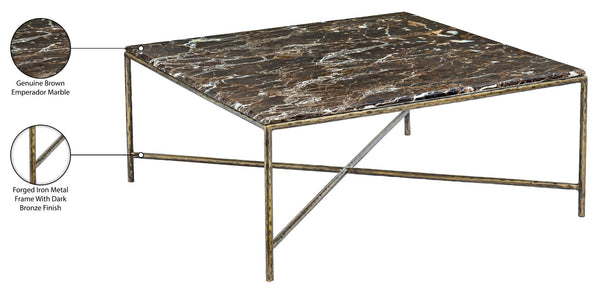 Meridian Furniture Valen Square Marble Top Coffee Table with Hand-forged Iron X-frame Base for Living Room Brown 77002Brown-CT