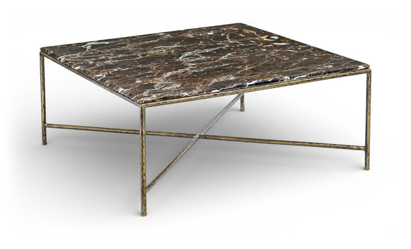 Meridian Furniture Valen Square Marble Top Coffee Table with Hand-forged Iron X-frame Base for Living Room Brown 77002Brown-CT