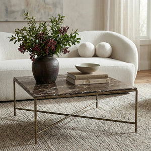 Meridian Furniture Valen Square Marble Top Coffee Table with Hand-forged Iron X-frame Base for Living Room Brown 77002Brown-CT