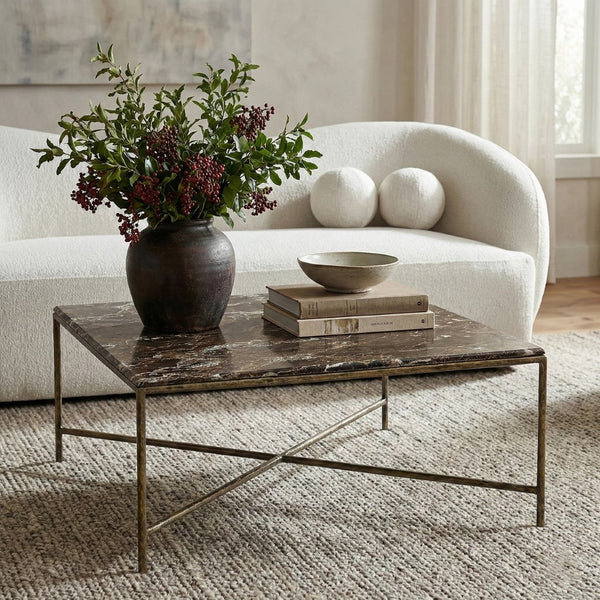 Meridian Furniture Valen Square Marble Top Coffee Table with Hand-forged Iron X-frame Base for Living Room Brown 77002Brown-CT