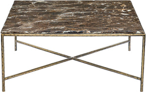 Meridian Furniture Valen Square Marble Top Coffee Table with Hand-forged Iron X-frame Base for Living Room Brown 77002Brown-CT