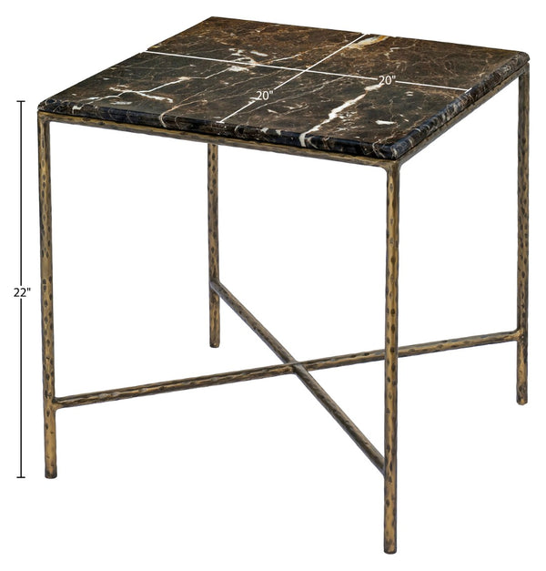 Meridian Furniture Valen Marble Top End Table with Hand-forged Iron X-frame Base for Modern Living Room Brown 77002Brown-ET