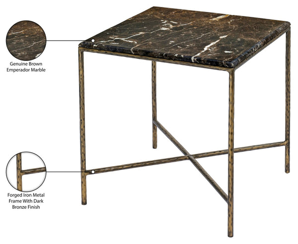 Meridian Furniture Valen Marble Top End Table with Hand-forged Iron X-frame Base for Modern Living Room Brown 77002Brown-ET