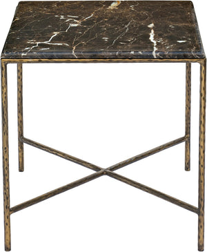 Meridian Furniture Valen Marble Top End Table with Hand-forged Iron X-frame Base for Modern Living Room Brown 77002Brown-ET