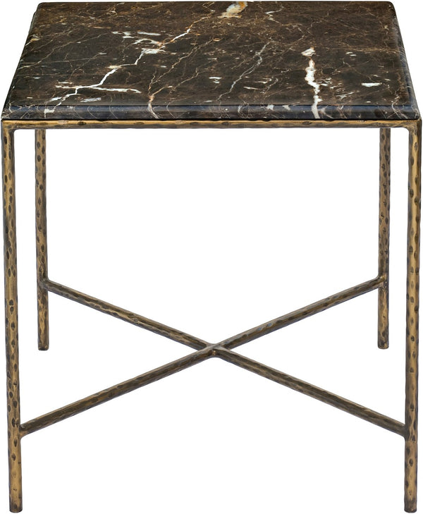 Meridian Furniture Valen Marble Top End Table with Hand-forged Iron X-frame Base for Modern Living Room Brown 77002Brown-ET