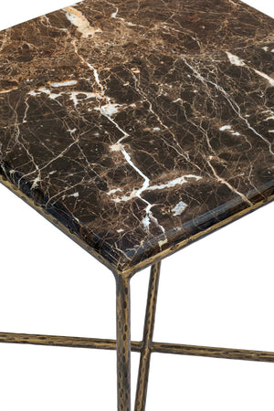 Meridian Furniture Valen Marble Top End Table with Hand-forged Iron X-frame Base for Modern Living Room Brown 77002Brown-ET