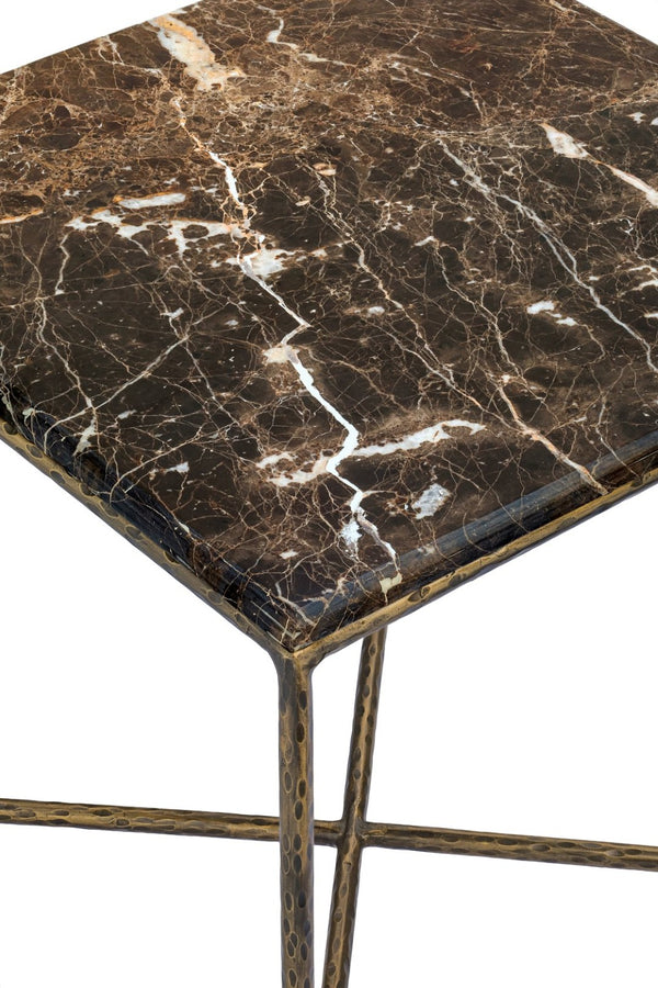 Meridian Furniture Valen Marble Top End Table with Hand-forged Iron X-frame Base for Modern Living Room Brown 77002Brown-ET