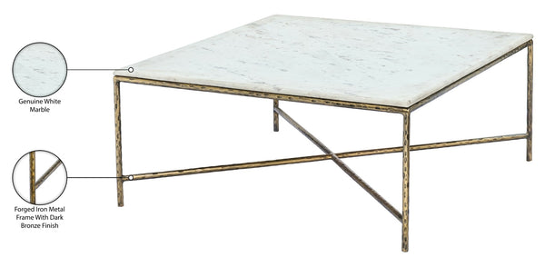 Meridian Furniture Valen Square Marble Top Coffee Table with Hand-forged Iron X-frame Base for Living Room White 77002White-CT