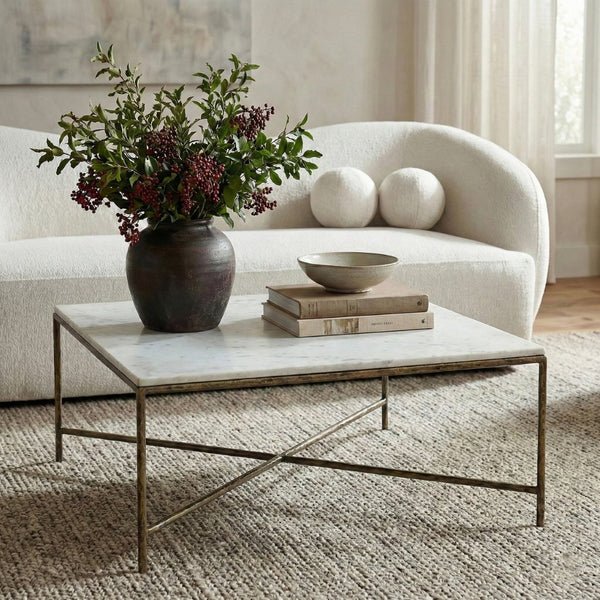 Meridian Furniture Valen Square Marble Top Coffee Table with Hand-forged Iron X-frame Base for Living Room White 77002White-CT