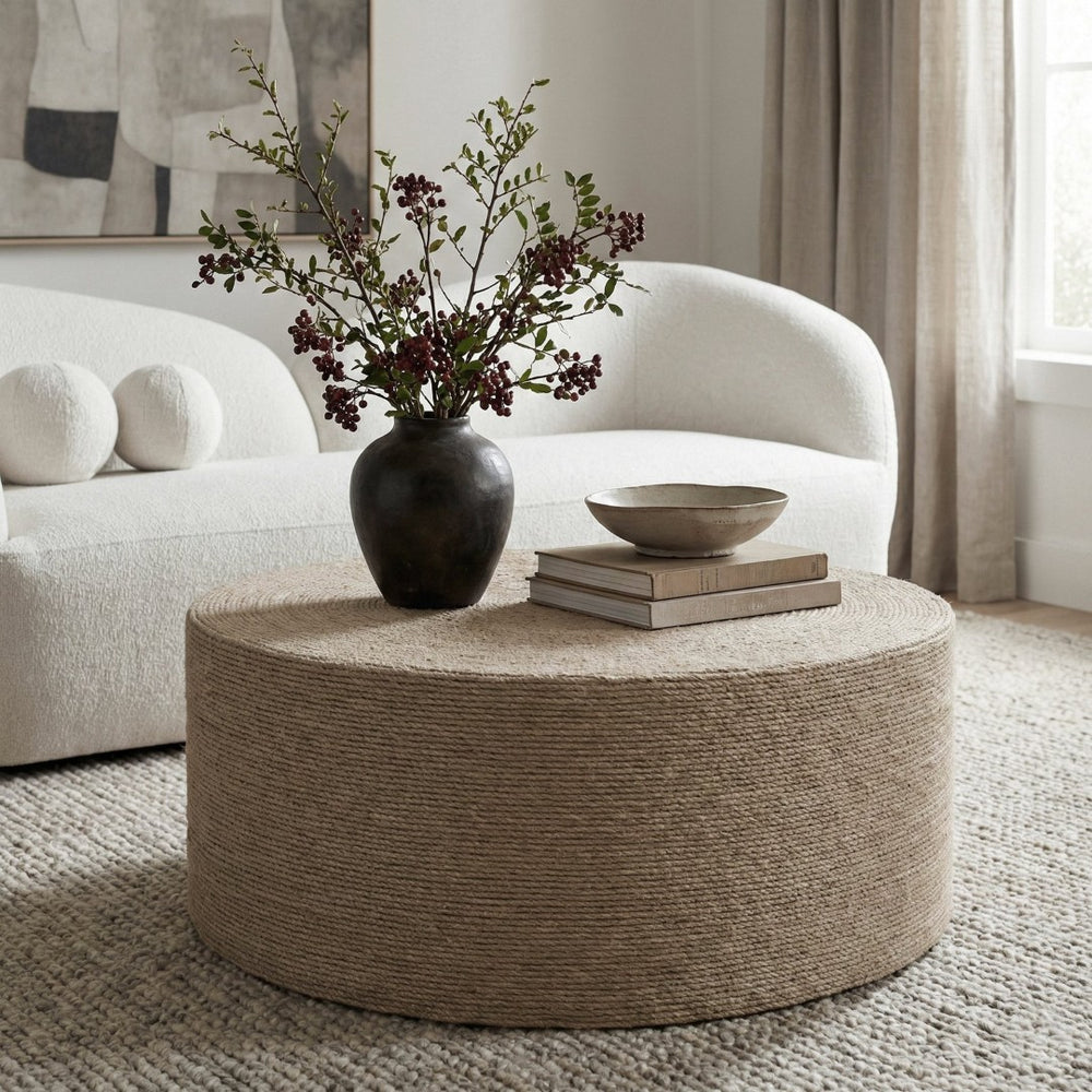 Meridian Furniture Meadow Hand-wrapped Jute Round Coffee Table Artisan Coastal Boho Living Room Accent 77003Natural-CT