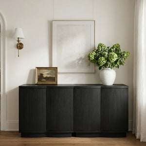 Meridian Furniture Aveline Fluted Oak Veneer Modular Buffet Sideboard with Curved Silhouette for Dining Rooms Black 63" W (2pc) 77006Black-T-2PC