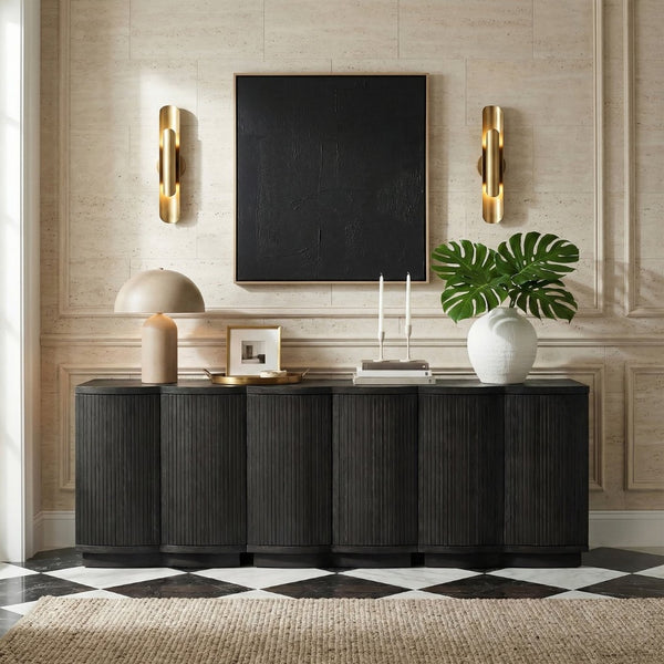 Meridian Furniture Aveline Fluted Oak Veneer Modular Buffet Sideboard with Curved Silhouette for Dining Rooms Black 94.5" W (3pc) 77006Black-T-3PC