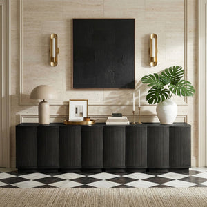 Meridian Furniture Aveline Fluted Oak Veneer Modular Buffet Sideboard with Curved Silhouette for Dining Rooms Black 126" W (4pc) 77006Black-T-4PC