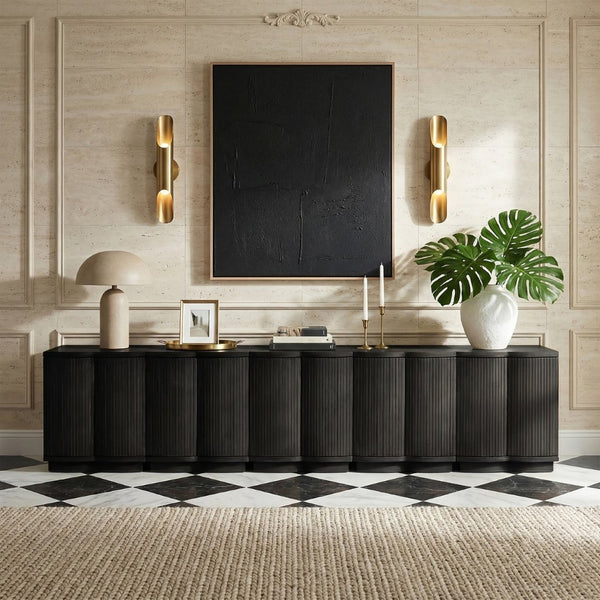 Meridian Furniture Aveline Fluted Oak Veneer Modular Buffet Sideboard with Curved Silhouette for Dining Rooms Black 157.5" W (5pc) 77006Black-T-5PC