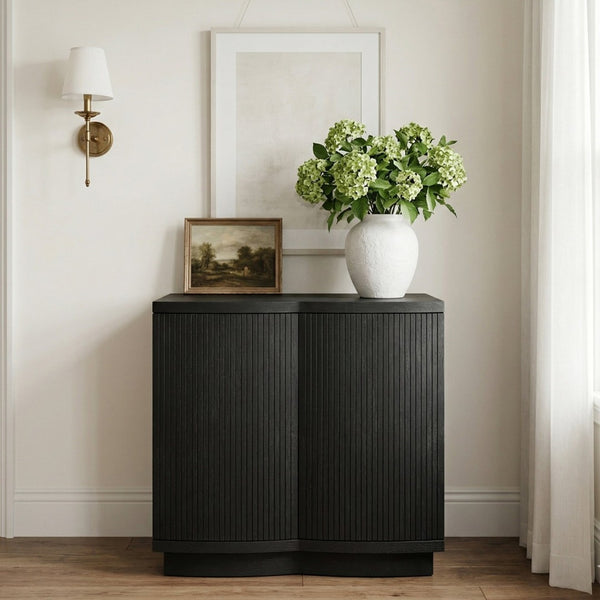 Meridian Furniture Aveline Fluted Oak Veneer Modular Buffet Sideboard with Curved Silhouette for Dining Rooms Black 31.5" W (1pc) 77006Black-T