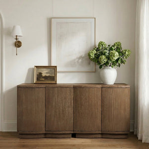 Meridian Furniture Aveline Fluted Oak Veneer Modular Buffet Sideboard with Curved Silhouette for Dining Rooms Brown 63" W (2pc) 77006Brown-T-2PC