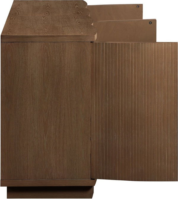 Meridian Furniture Aveline Fluted Oak Veneer Modular Buffet Sideboard with Curved Silhouette for Dining Rooms Brown 63" W (2pc) 77006Brown-T-2PC