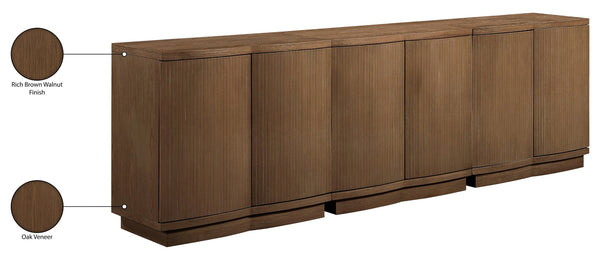 Meridian Furniture Aveline Fluted Oak Veneer Modular Buffet Sideboard with Curved Silhouette for Dining Rooms Brown 94.5" W (3pc) 77006Brown-T-3PC