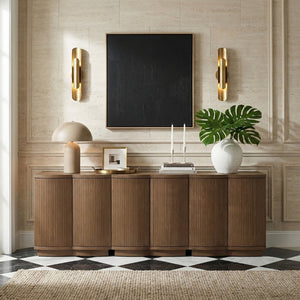 Meridian Furniture Aveline Fluted Oak Veneer Modular Buffet Sideboard with Curved Silhouette for Dining Rooms Brown 94.5" W (3pc) 77006Brown-T-3PC