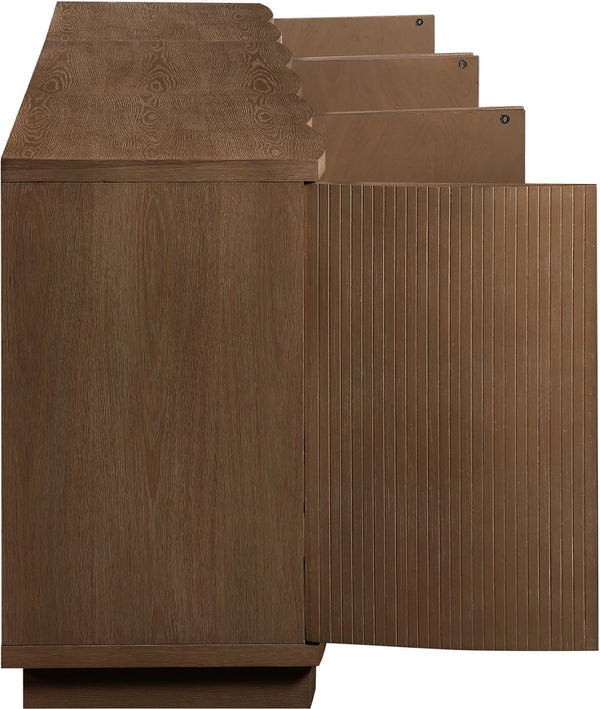 Meridian Furniture Aveline Fluted Oak Veneer Modular Buffet Sideboard with Curved Silhouette for Dining Rooms Brown 94.5" W (3pc) 77006Brown-T-3PC