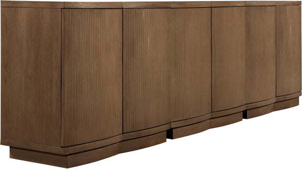Meridian Furniture Aveline Fluted Oak Veneer Modular Buffet Sideboard with Curved Silhouette for Dining Rooms Brown 94.5" W (3pc) 77006Brown-T-3PC