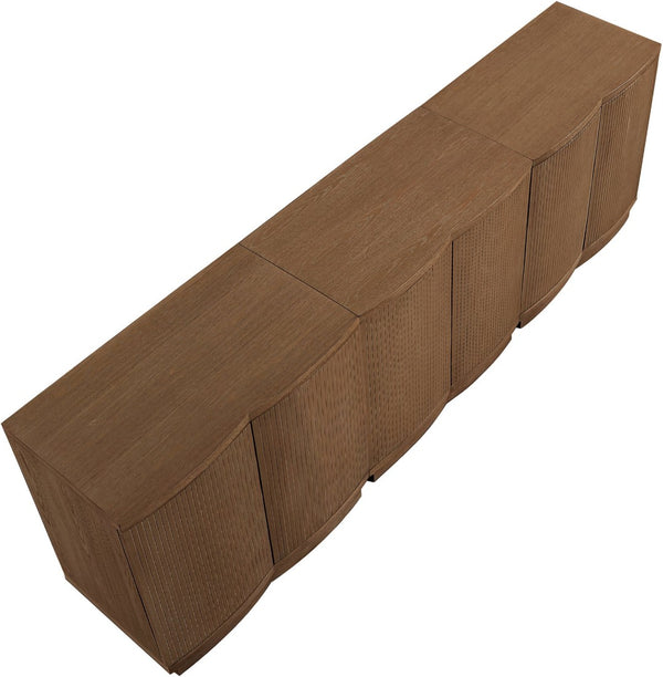 Meridian Furniture Aveline Fluted Oak Veneer Modular Buffet Sideboard with Curved Silhouette for Dining Rooms Brown 94.5" W (3pc) 77006Brown-T-3PC
