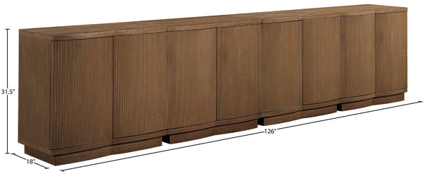 Meridian Furniture Aveline Fluted Oak Veneer Modular Buffet Sideboard with Curved Silhouette for Dining Rooms Brown 126" W (4pc) 77006Brown-T-4PC