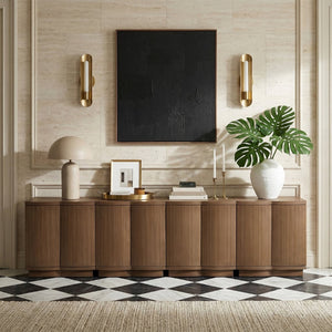 Meridian Furniture Aveline Fluted Oak Veneer Modular Buffet Sideboard with Curved Silhouette for Dining Rooms Brown 126" W (4pc) 77006Brown-T-4PC