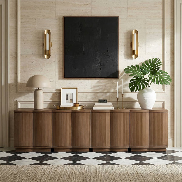 Meridian Furniture Aveline Fluted Oak Veneer Modular Buffet Sideboard with Curved Silhouette for Dining Rooms Brown 126" W (4pc) 77006Brown-T-4PC